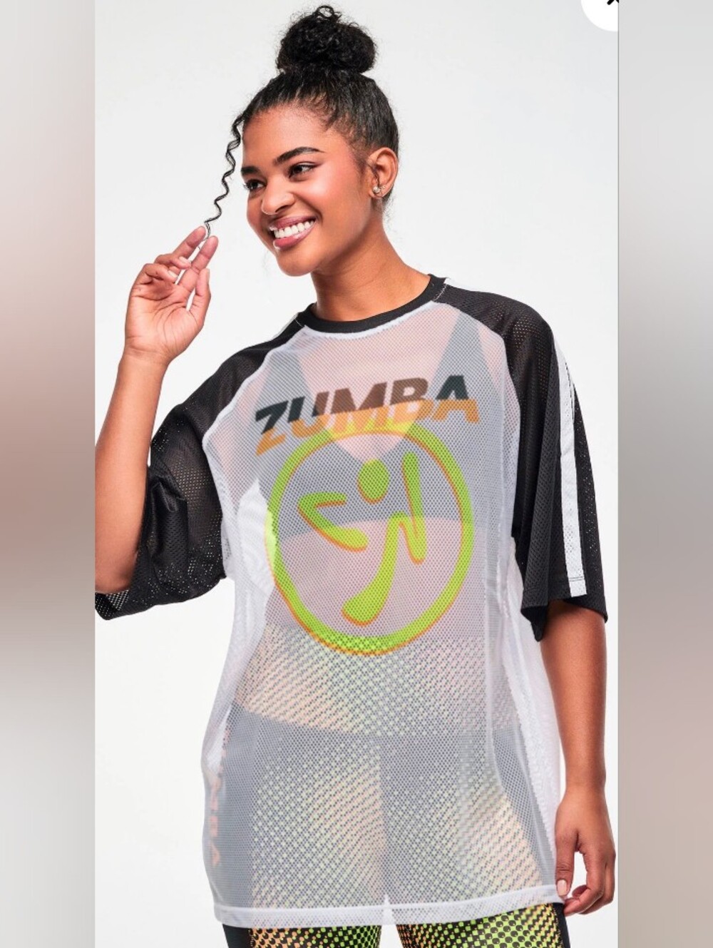 Zumba Fitness White Mesh Swim Cover-Up with Black Sleeves and Neon Logo